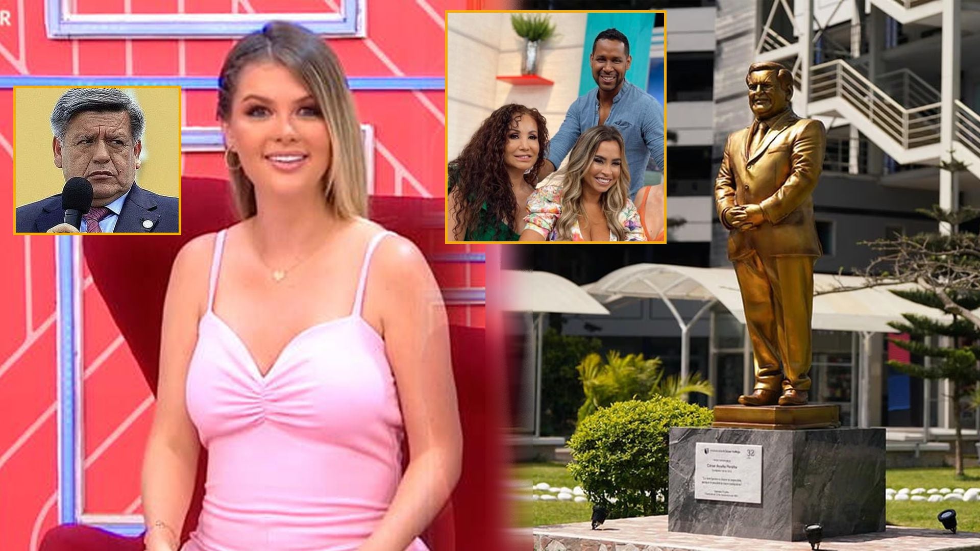 Brunella Horna se molesta por broma con estatua de César Acuña. (Composición: Infobae)