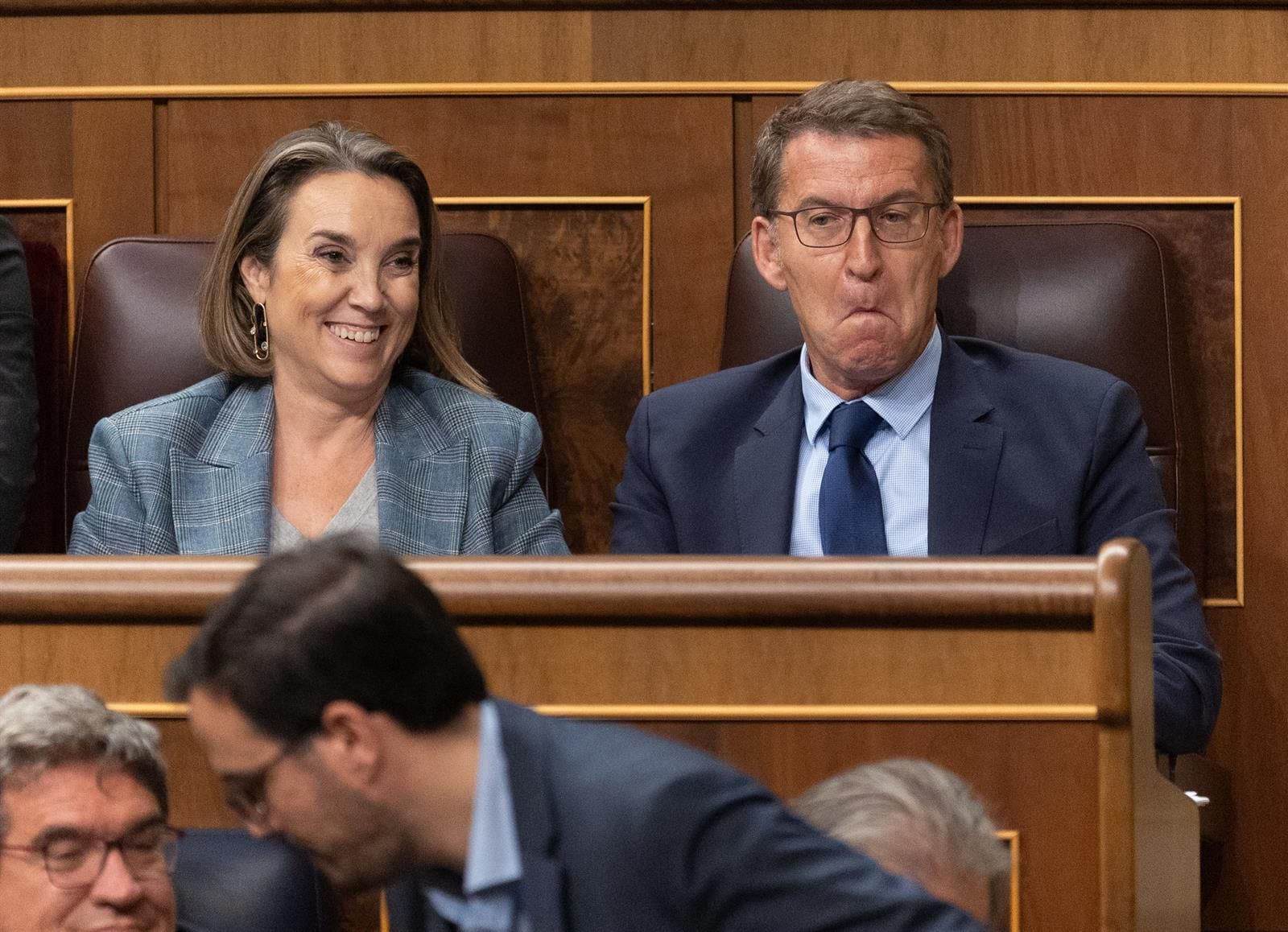 La secretaria general del PP, Cuca Gamarra, y el presidente del Partido Popular, Alberto Núñez Feijóo, durante la primera sesión del debate de investidura de Pedro Sánchez como presidente de Gobierno. (Eduardo Parra - Europa Press) 