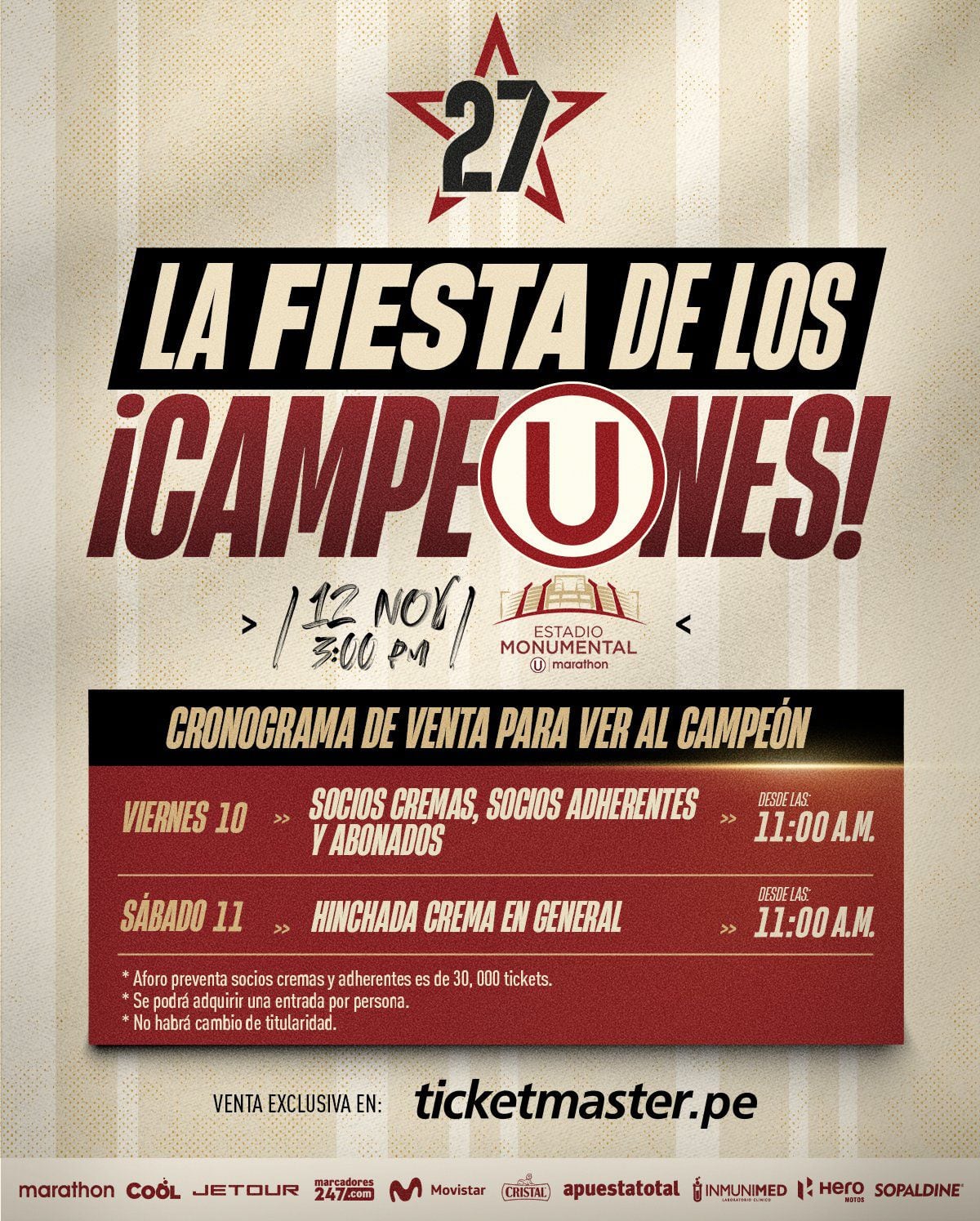 Cronograma de venta de entradas para la premiación de Universitario por título de Liga 1 2023.