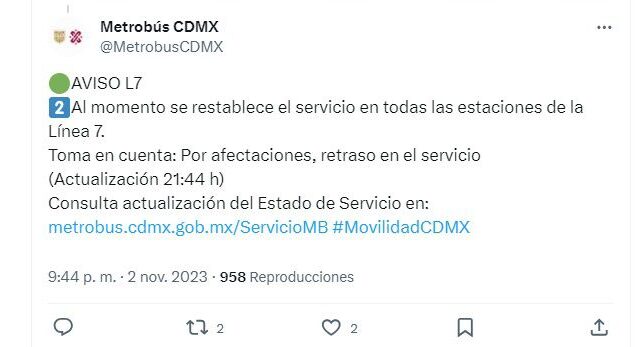 Metro y Metrobús CDMX hoy 2 de noviembre: reestablecen servicio en la Línea 7 del MB
