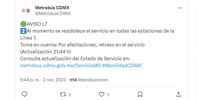 Metro y Metrobús CDMX hoy 2 de noviembre: reestablecen servicio en la Línea 7 del MB
