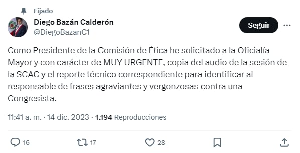 Diego Bazán anunció que pidió el reporte técnico del video del acto de hostigamiento. Twitter.