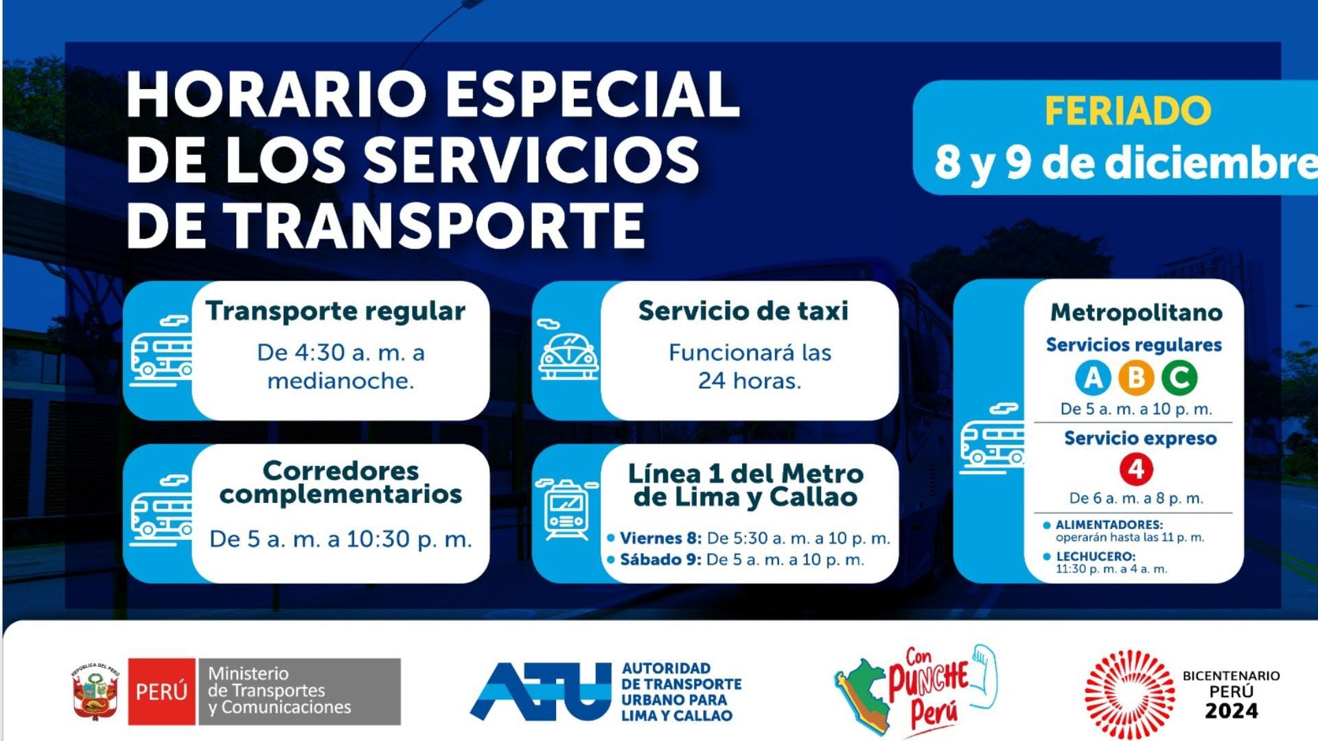 Servicio especial de los transportes públicos en el feriado largo| ATU