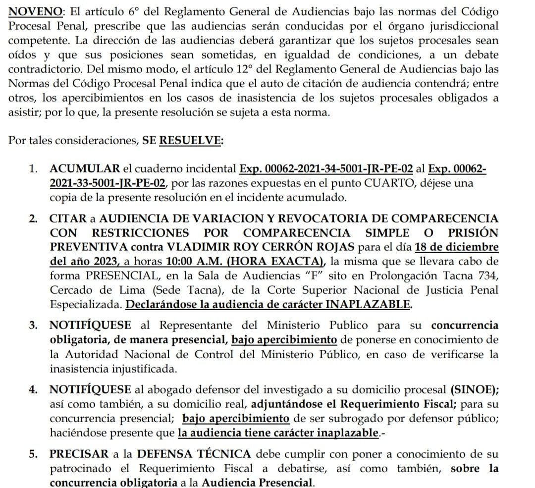 Poder Judicial convocó a una audiencia para evaluar pedido de 36 meses de prisión preventiva contra Vladimir Cerrón.