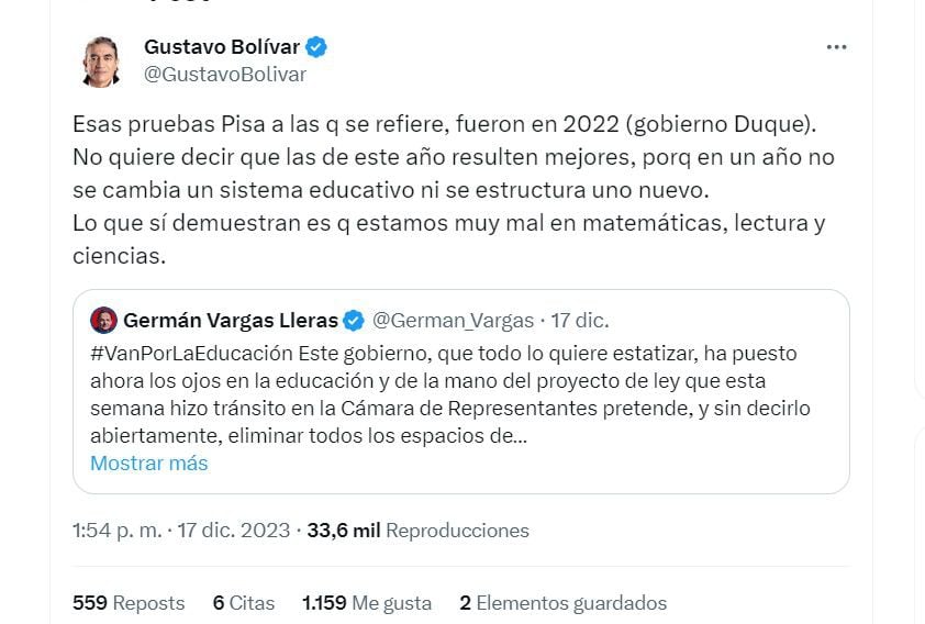 Gustavo Bolívar dice que en un solo año no se puede cambiar un sistema educativo - crédito @GustavoBolívar