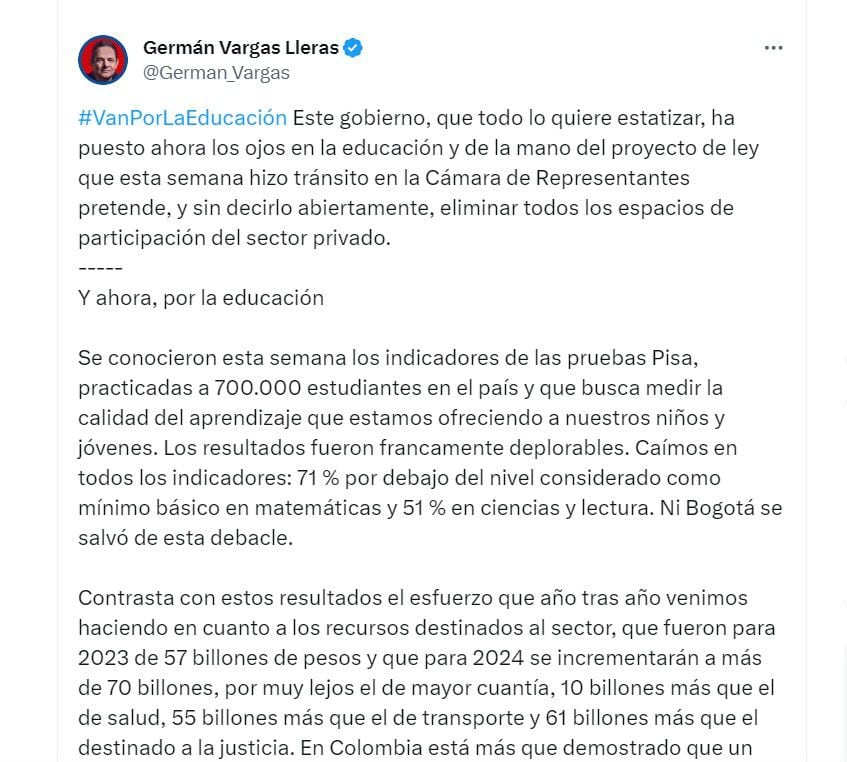 Germán Vargas Lleras habla de los resultados de las pruebas Pisa - crédito @German_Vargas