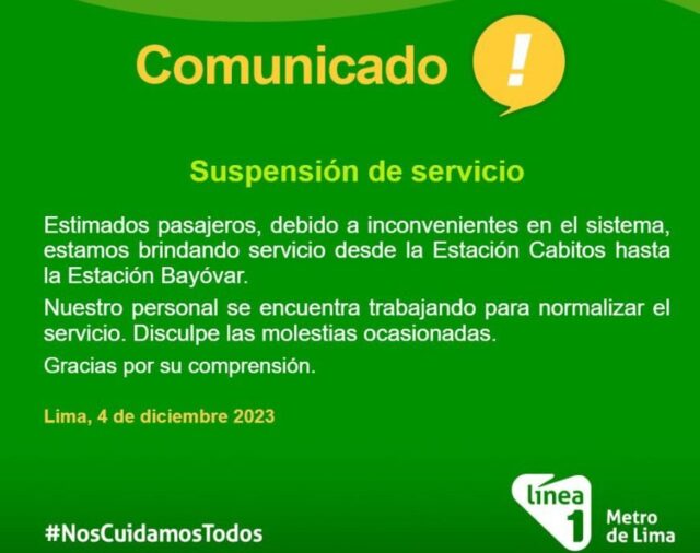 Línea 1: Se restablece el servicio en el Metro de Lima tras suspensión entre estaciones Villa El Salvador y Jorge Chávez