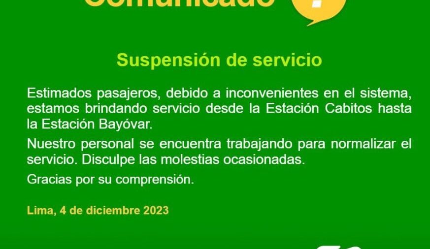 Línea 1: Se restablece el servicio en el Metro de Lima tras suspensión entre estaciones Villa El Salvador y Jorge Chávez