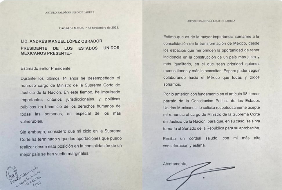 Carta de renuncia Arturo Zaldívar