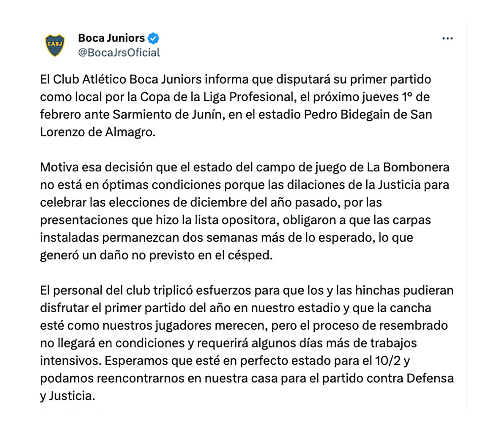 Comunicado de Boca Juniors por mudar la localía