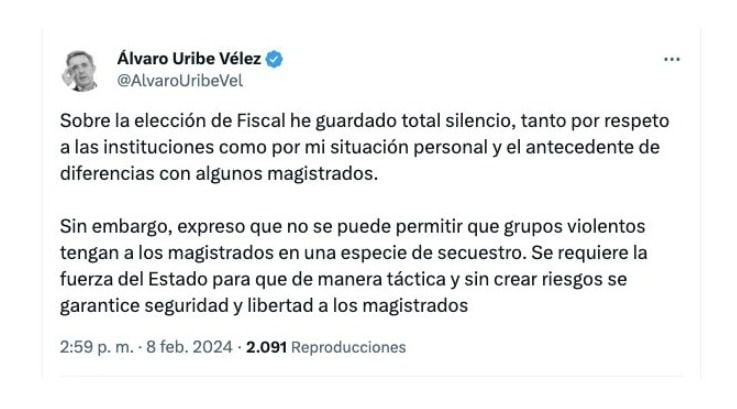 Álvaro Uribe y su mensaje sobre lo que sucede en la Corte Suprema