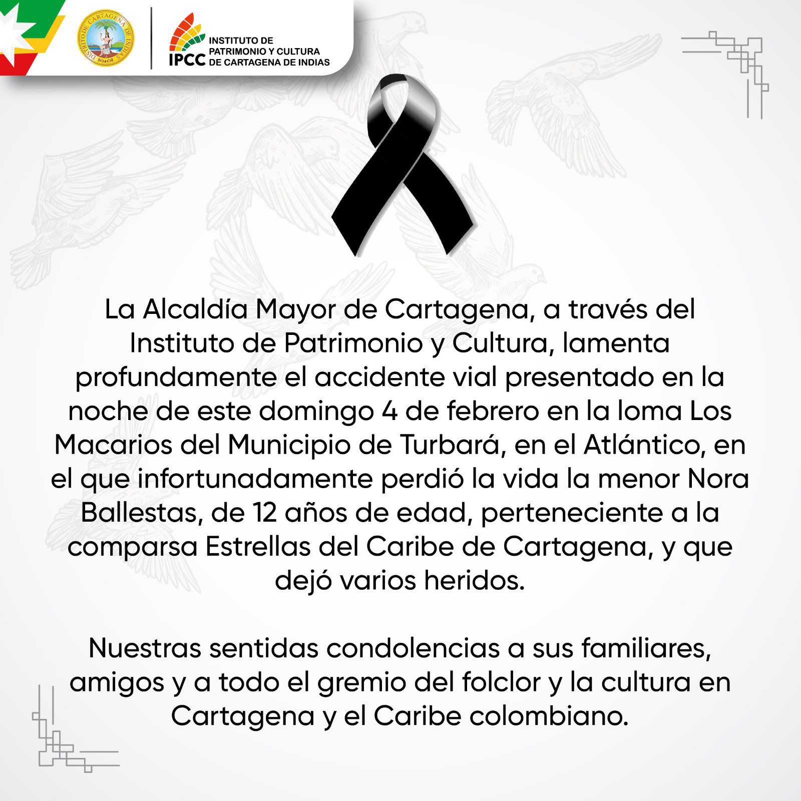 Comunicado de condolencias por el siniestro vial en Tubará, Atlántico - crédito @Ipcc_Cartagena