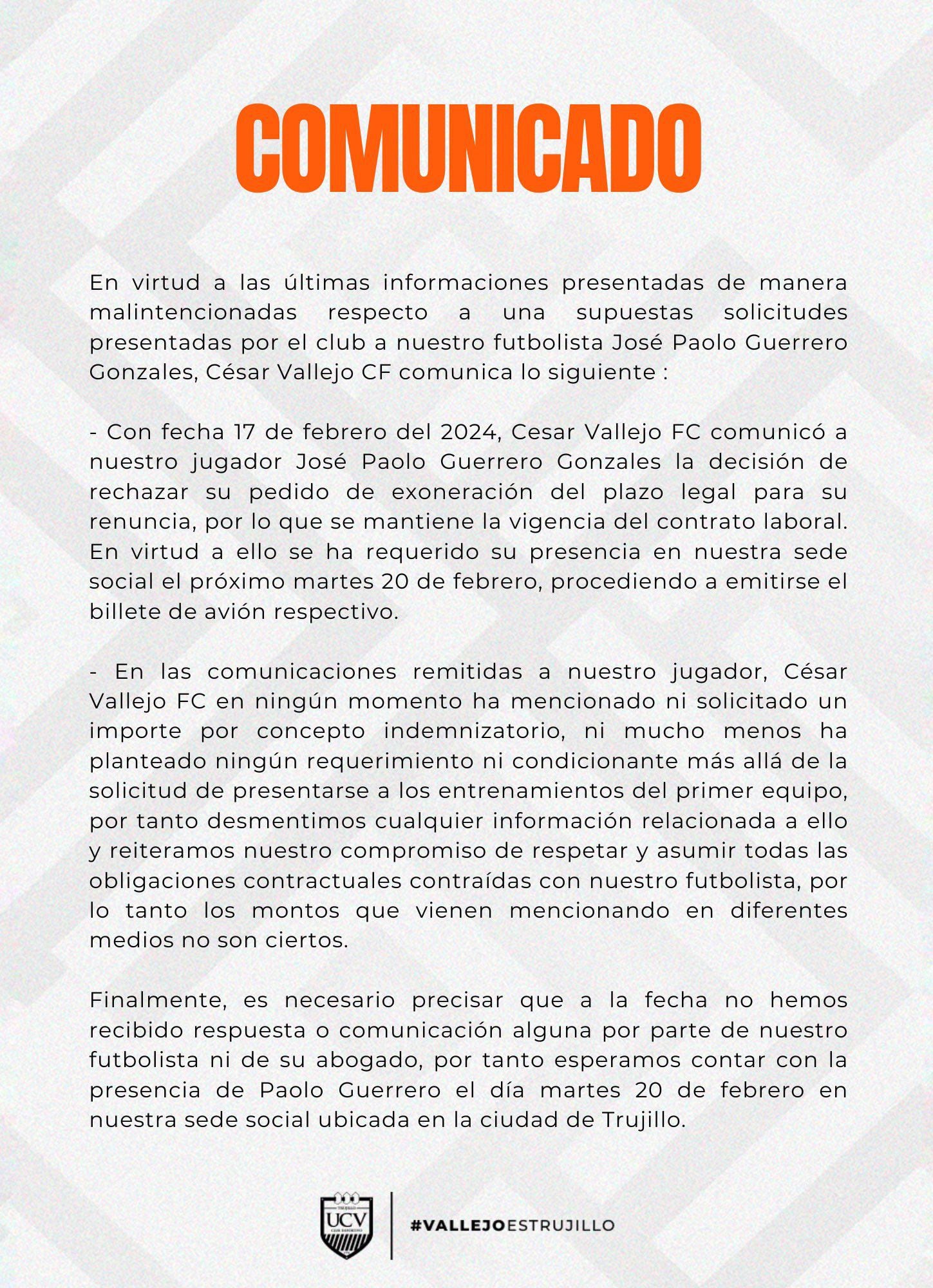 El comunicado de la Universidad César Vallejo por el caso Paolo Guerrero. - Crédito: @clubucv