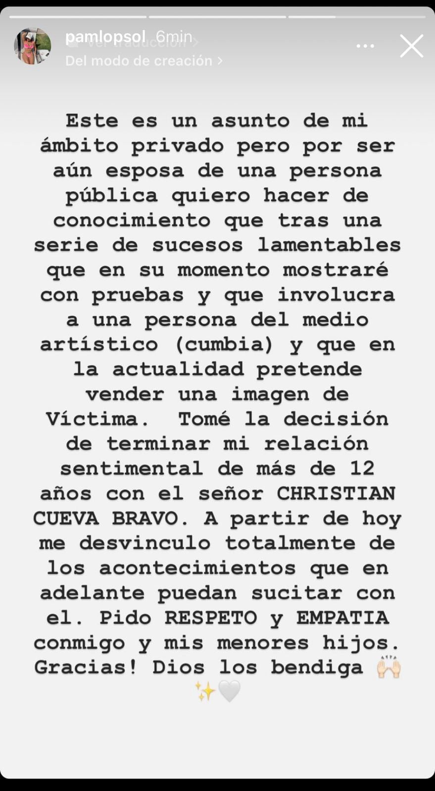 Comunicado de Pamela López anunciando separación de Christian Cueva.