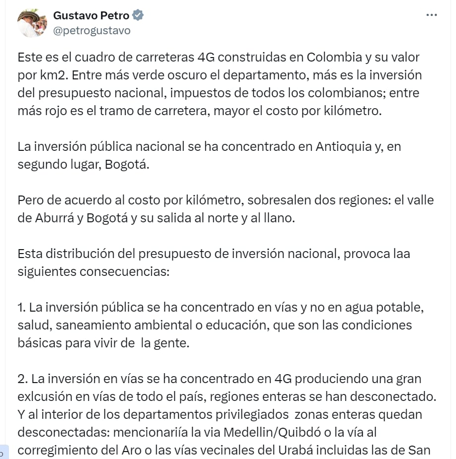 Presidente Gustavo Petro señaló que Antioquia ha recibido vías costosas en comparación con otras regiones