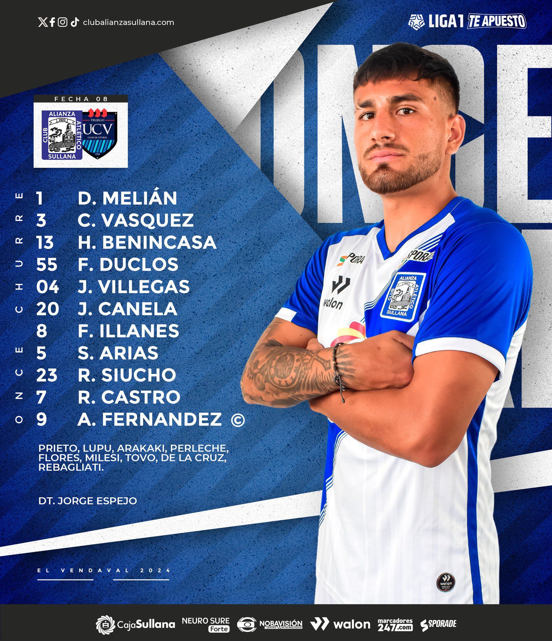 Alineación confirmada de Alianza Atlético para enfrentar a César Vallejo por la Liga 1 2024.