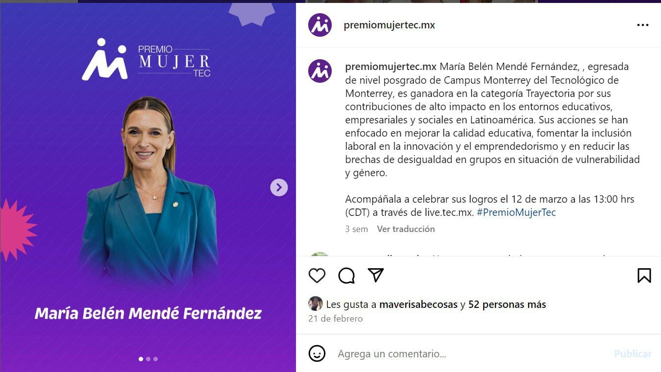 María Belén Mendé Fernández, rectora de la Universidad Siglo 21, fue reconocida en el Premio Mujer Tec 2024 por su destacada trayectoria