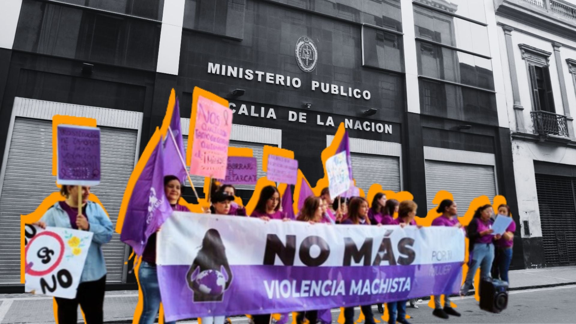 Carteles feministas frente a la FIscalía.