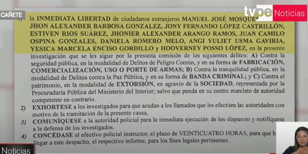 Foto captura del documento emitido por la Fiscalía donde justifica la liberación de 10 personas ligadas al 'gota a gota'