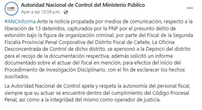 Comunicado de la Autoridad Nacional de Control del Ministerio Público