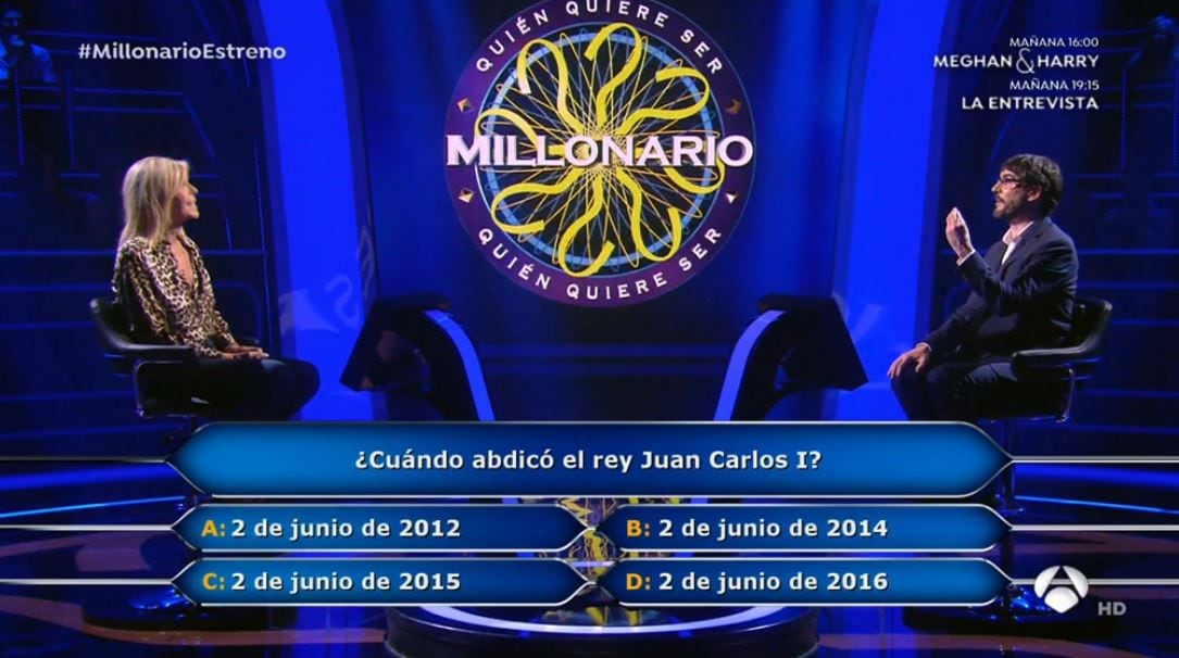 Bibiana Fernández y Juanra Monet en '¿Quién quiere ser millonario?'