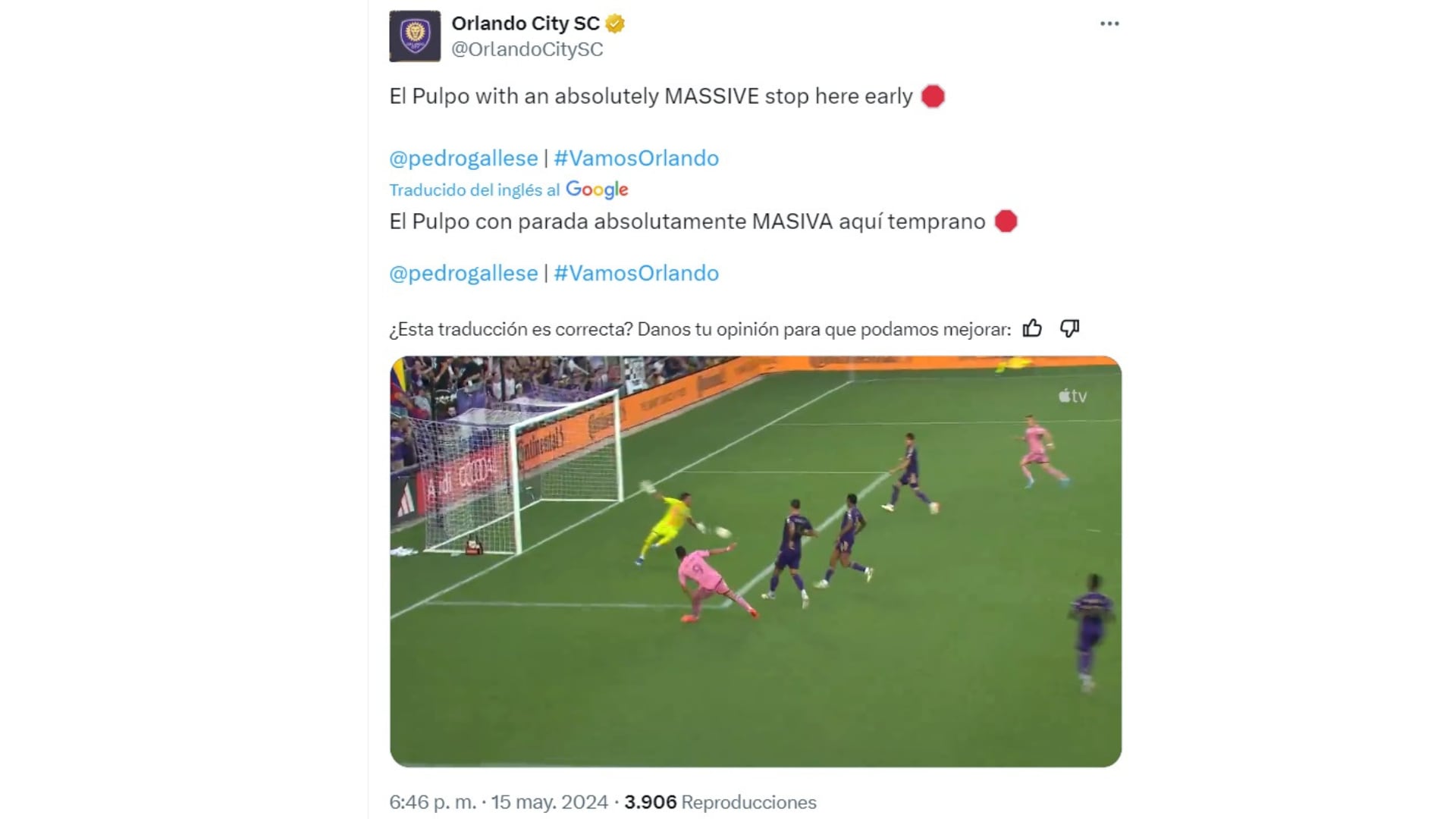 La reacción de Orlando City a la gran atajada de Pedro Gallese al disparo de Luis Suárez.