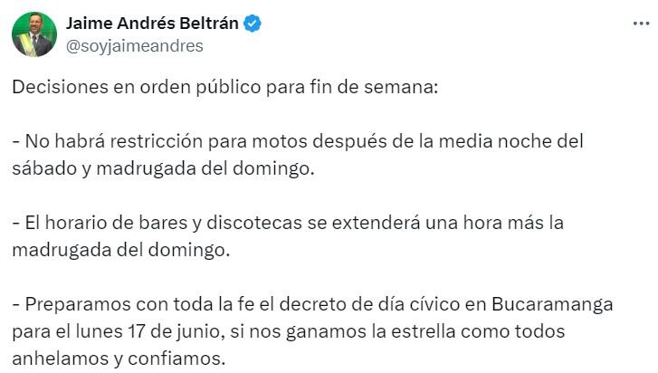 Publicación del alcalde de Bucaramanga