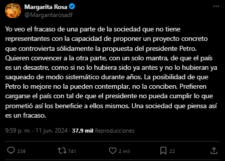 Esta fue la respuesta de Margarita Rosa de Francisco a una usuaria en X - crédito @MargaritaRosadf/X