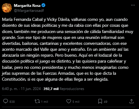 Margarita Rosa de Francisco elogió a Vicky Dávila y María Fernanda Cabal, pero las bajó de la nube de sus aspiraciones presidenciables - crédito @MargaritaRosadf/X