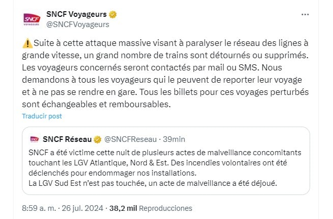 Mensaje en X (Twitter) de la SNCF.