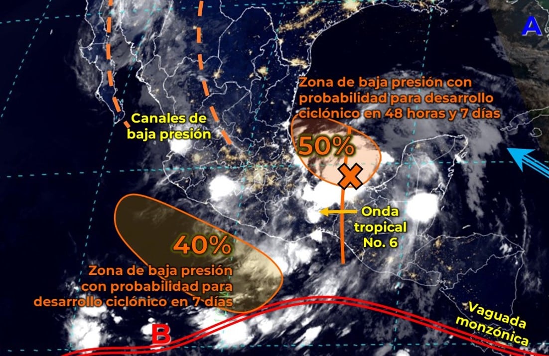 El SMN monitorea una zona de baja presión en el Golfo de México y otra en el Océano Pacífico