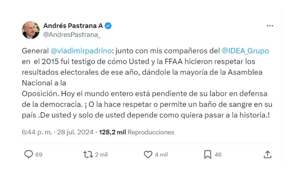 Andrés Pastrana y su llamado a Vladimir Padrino