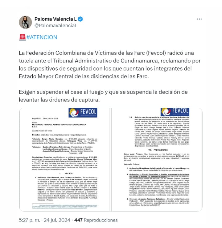 La senadora Paloma Valencia apoyó la acción de tutela presentada por Fevcol a través de sus redes sociales - crédito @PalomaValenciaL/X