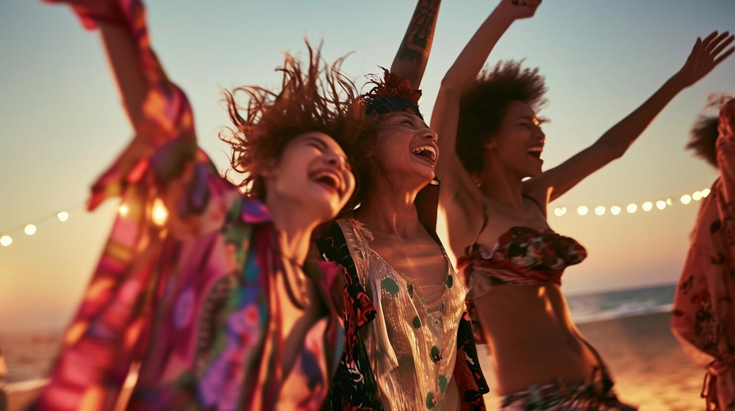 Mujeres jóvenes disfrutando de un baile enérgico en la playa por la noche, vestidas con atuendos modernos y a la moda. La fotografía transmite la atmósfera vibrante de la vida nocturna en vacaciones, donde el baile se convierte en una expresión de alegría y descanso. (Imagen ilustrativa Infobae)