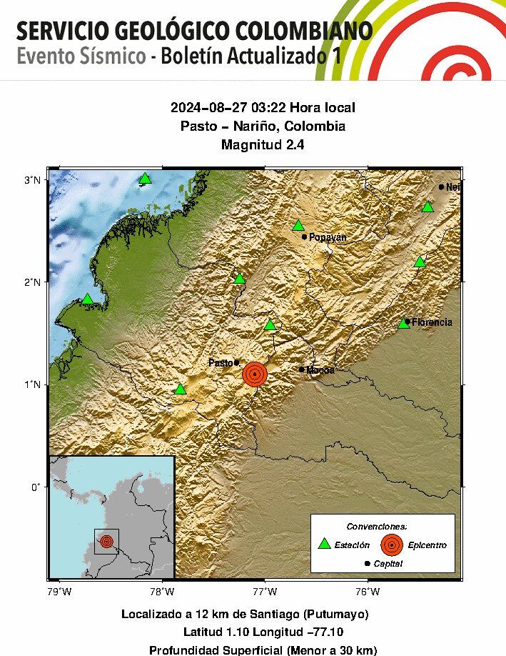 Reporte del Servicio Geológico Colombia sobre temblor en Pasto, Nariño - crédito @sgcol/X