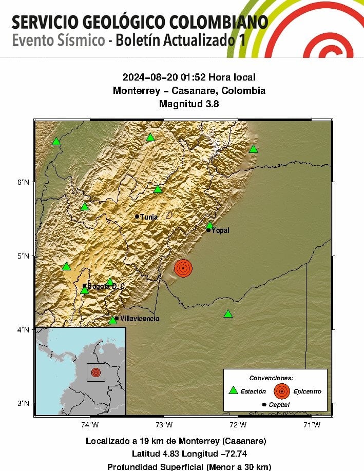 Tiembla en la madrugada del martes 20 de agosto en Colombia - crédito @sgcol/X