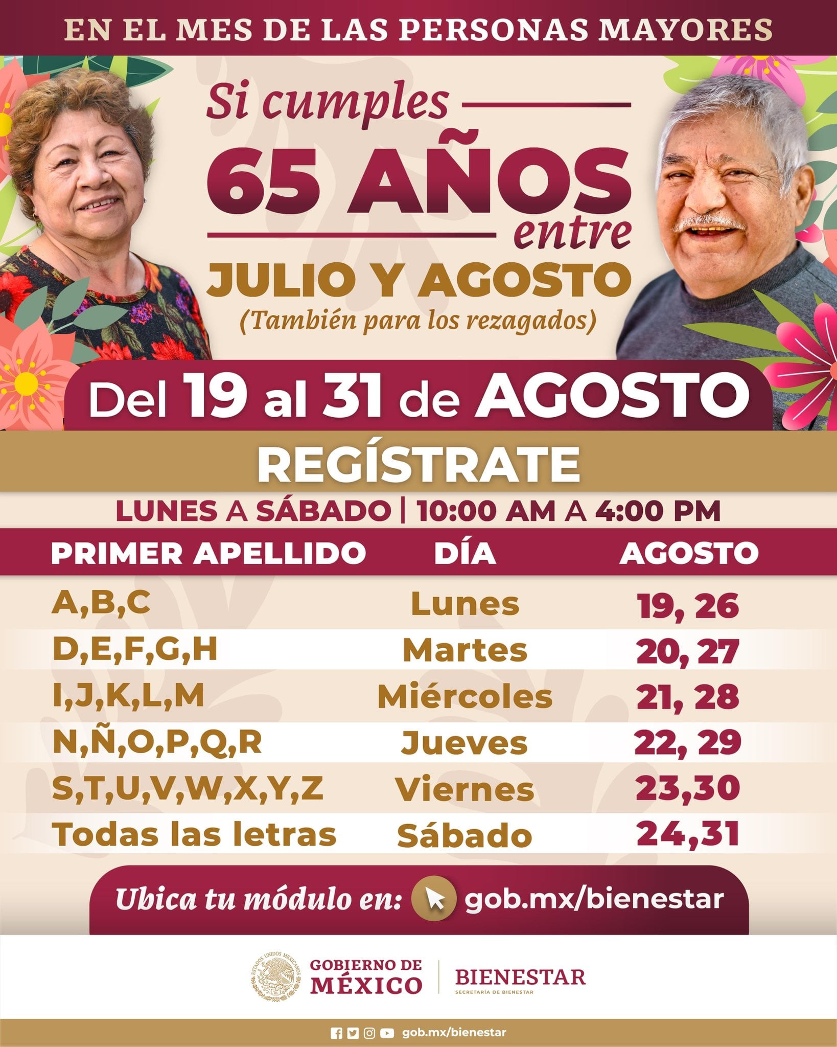 El periodo de inscripciones para la Pensión del Bienestar para Adultos Mayores, dirigido a quienes cumplen 65 años en julio y agosto o aún no se han registrado, está por concluir. Aprovecha las últimas fechas para asegurar tu inclusión en el programa.