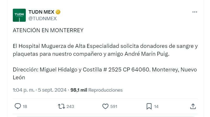 andré marín hospitalizado TUDN - 5 septiembre 2024