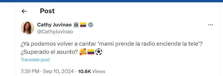 Cathy Juvinao reaccionó al triunfo de la selección Colombia frente a Argentina - crédito @CathyJuvinao