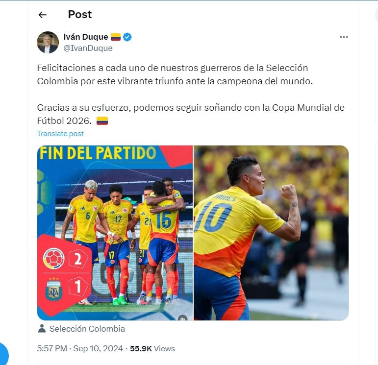 Iván Duque felicitó a los jugadores de la selección Colombia por su triunfo - crédito @IvanDuque