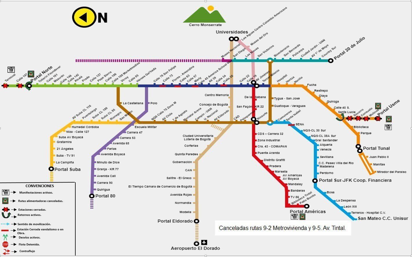 Estas son las rutas cerradas al momento, de acuerdo con al reporte de Transmilenio - crédito @TransMilenio/X