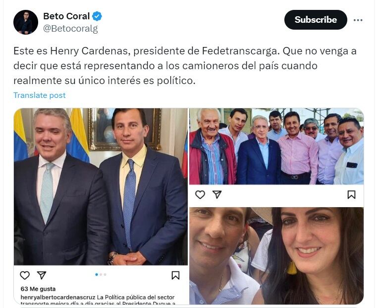 El activista publicó en redes sociales varias fotografías del vocero de los camioneros con varios dirigentes de la política colombiana - crédito @Betocoralg/X