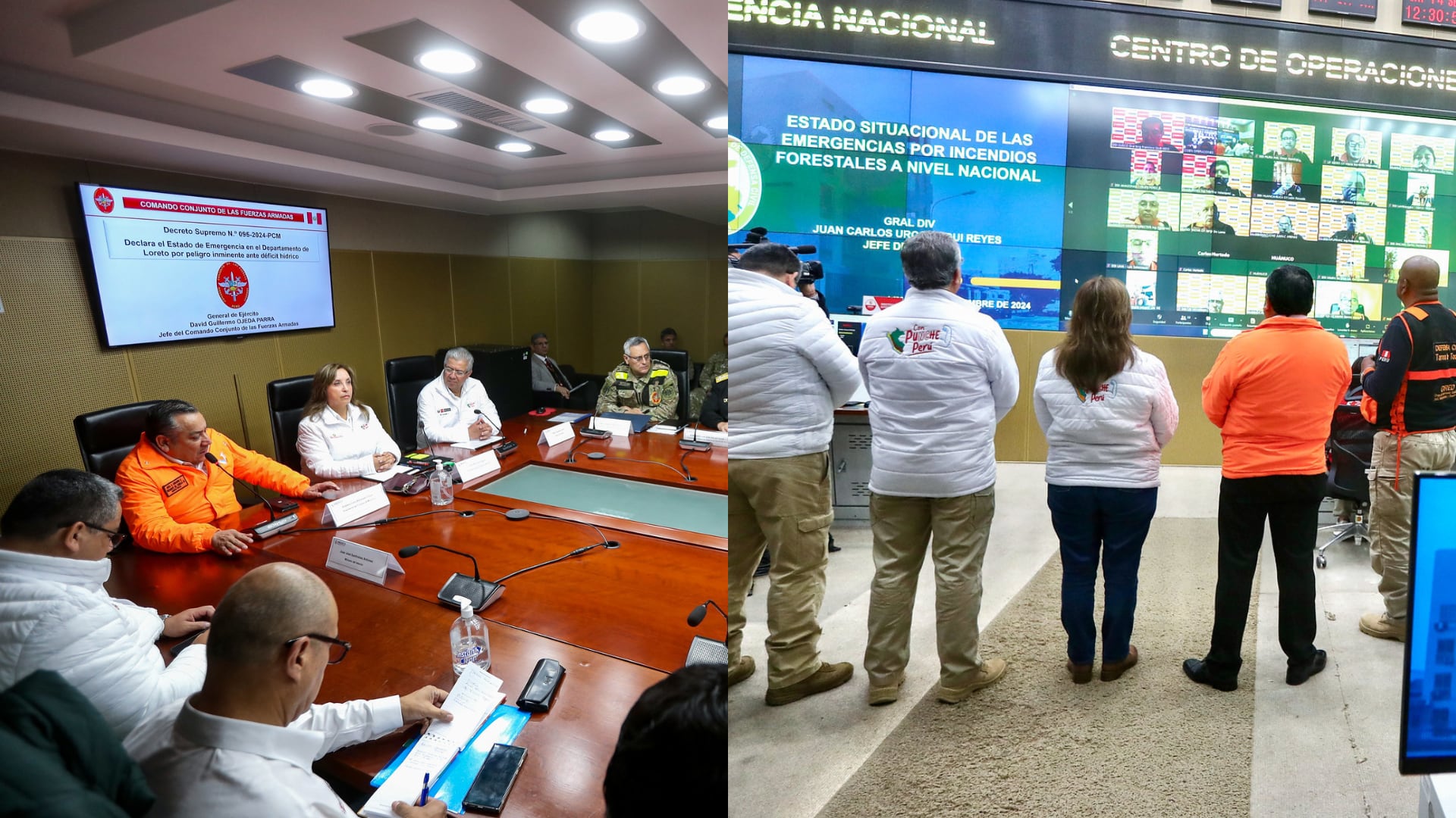 Dina Boluarte en el COEN recibió informes sobre incendios forestales. (Fotocomposición Infobae Perú / Presidencia de la República)