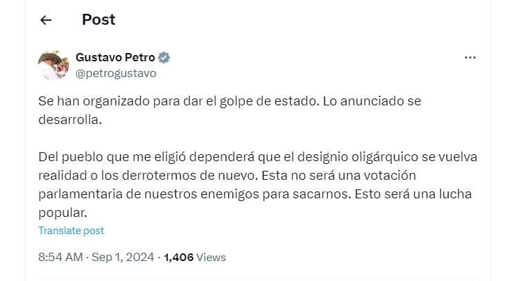 Gustavo Petro habla de un golpe de estado luego de manifestaciones por parte de camioneros - crédito @petrogustavo