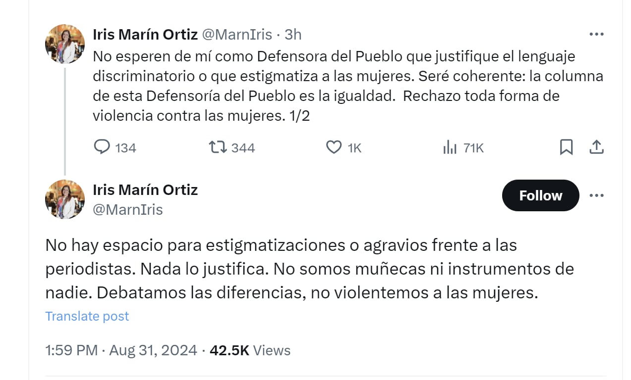 La defensora del Pueblo, Iris Marín, rechazó declaraciones de Gustavo Petro contra las mujeres periodistas - crédito @MarnIris/X