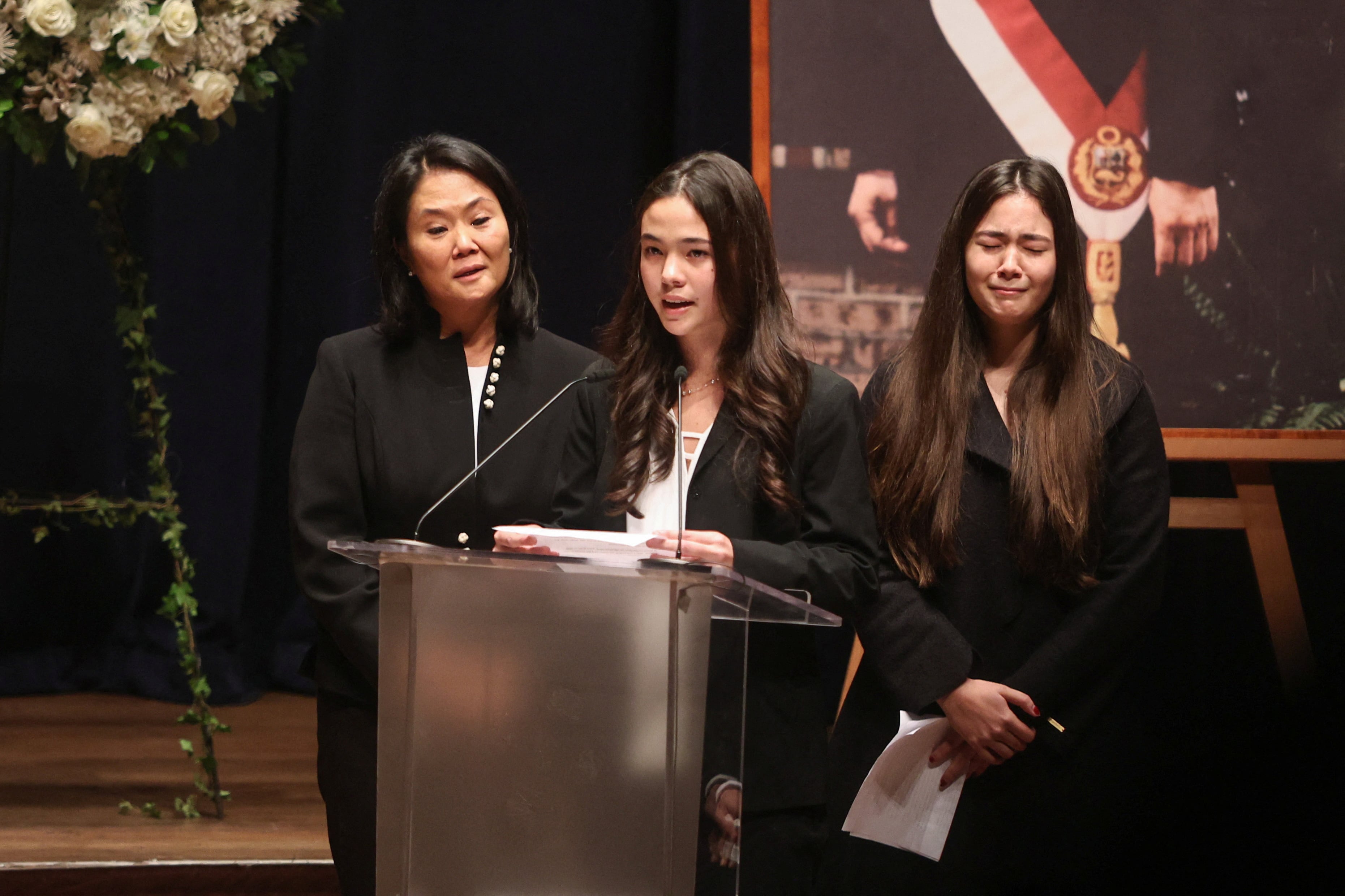 Kaori Villanella relative of Peru's former President Alberto Fujimori speaks on the day of his funeral service, at Gran Teatro Nacional in Lima, Peru September 14, 2024. REUTERS/Sebastian Castaneda