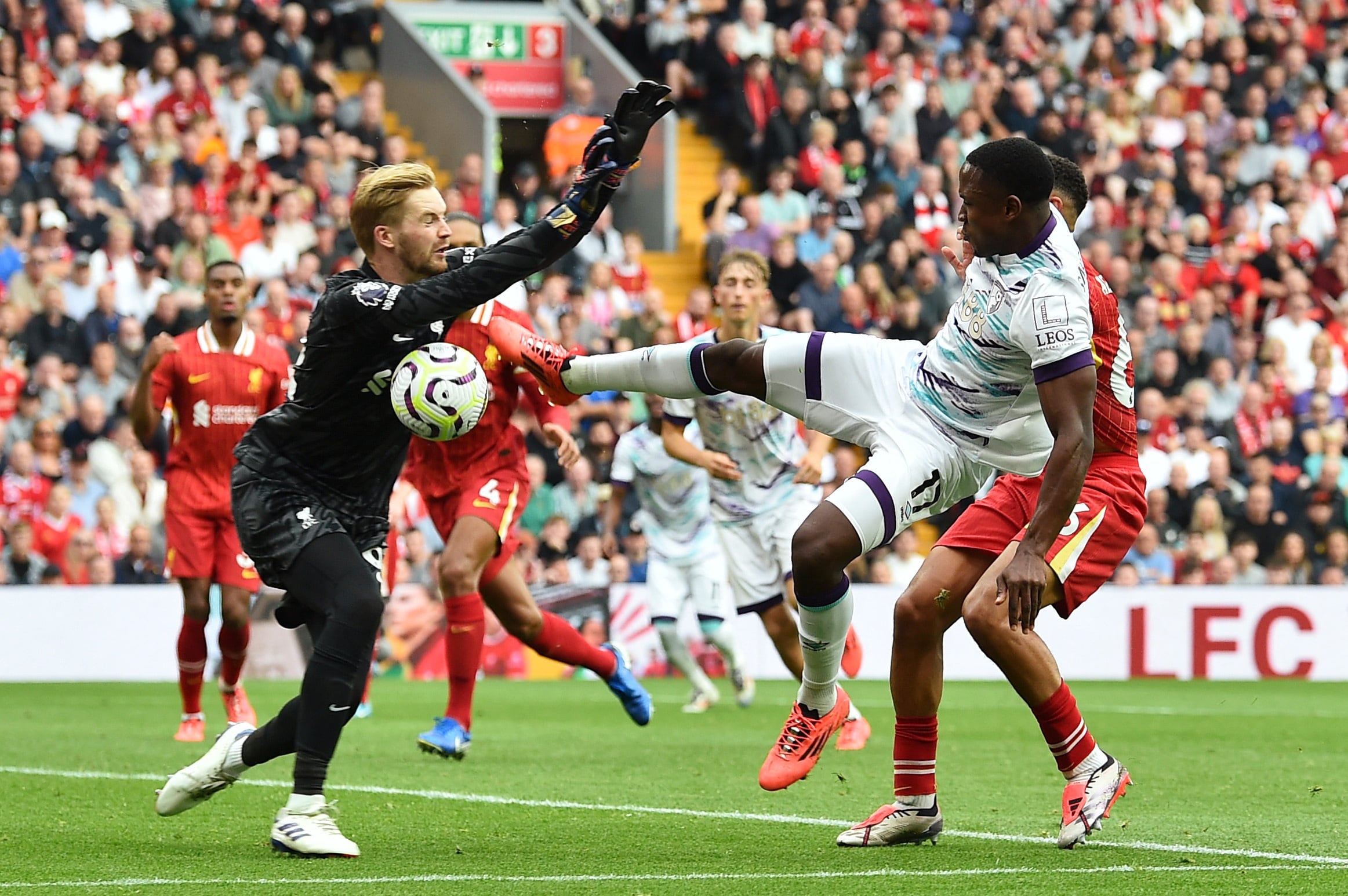 En imagen el momento donde Caoimhin Kelleher y Luis Sinisterra se enfrentan en Anfield el 21 de septiembre de 2024-crédito Peter Powell/REUTERS