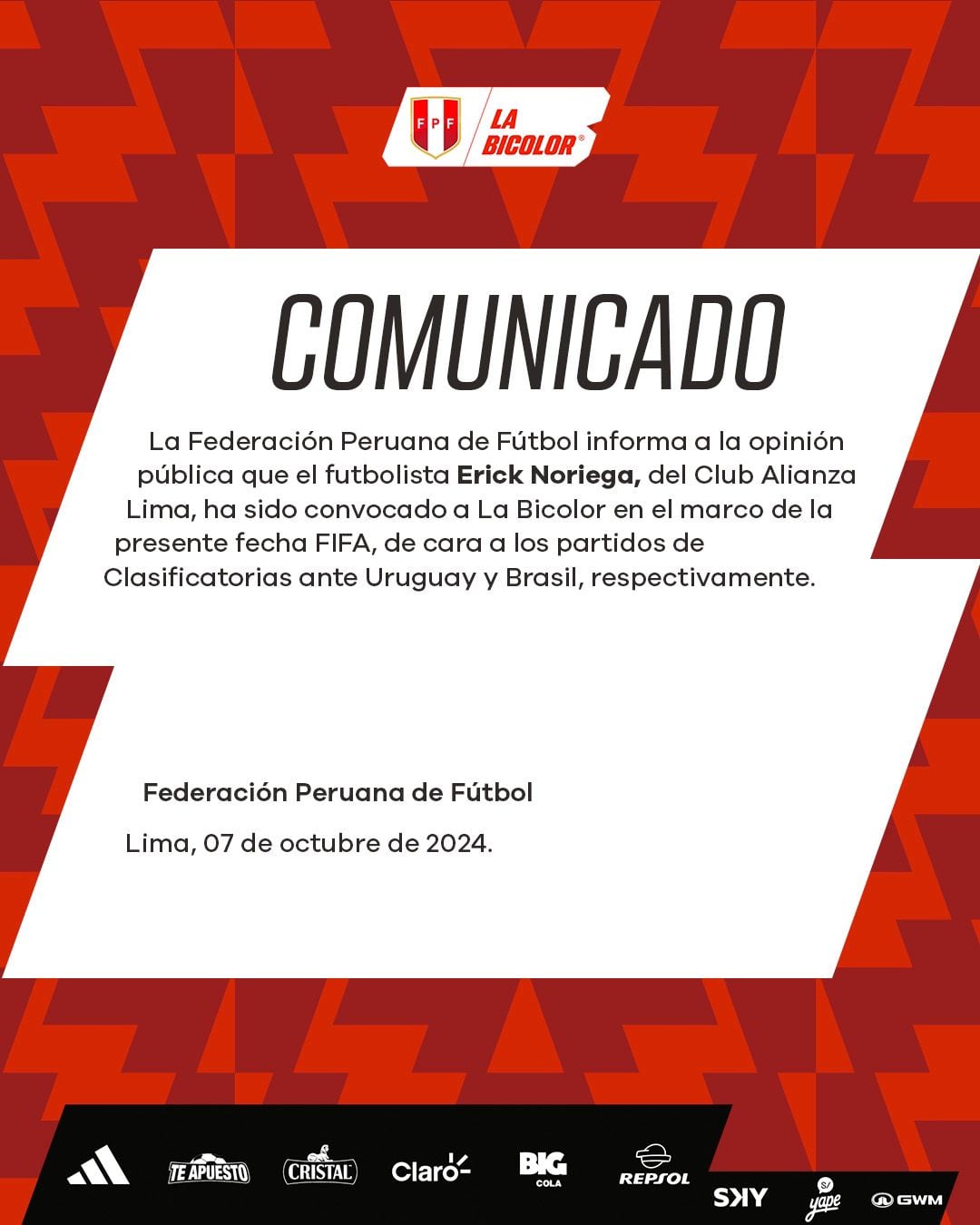 La convocatoria de Erick Noriega a la selección peruana para la fecha doble de octubre de Eliminatorias 2026. - Crédito: FPF