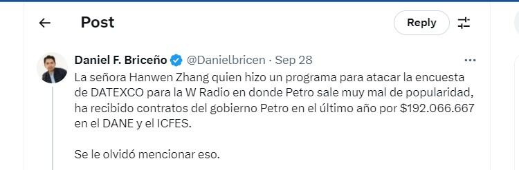 Daniel Briceño cuestionó el análisis de la profesora china que corrigió encuesta Datexco por tener contratos con el Gobierno - crédito @Danielbricen